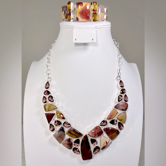 Mookaite Jasper 925 Large Gemstone Necklace & Bracelet - Picture 1 of 10